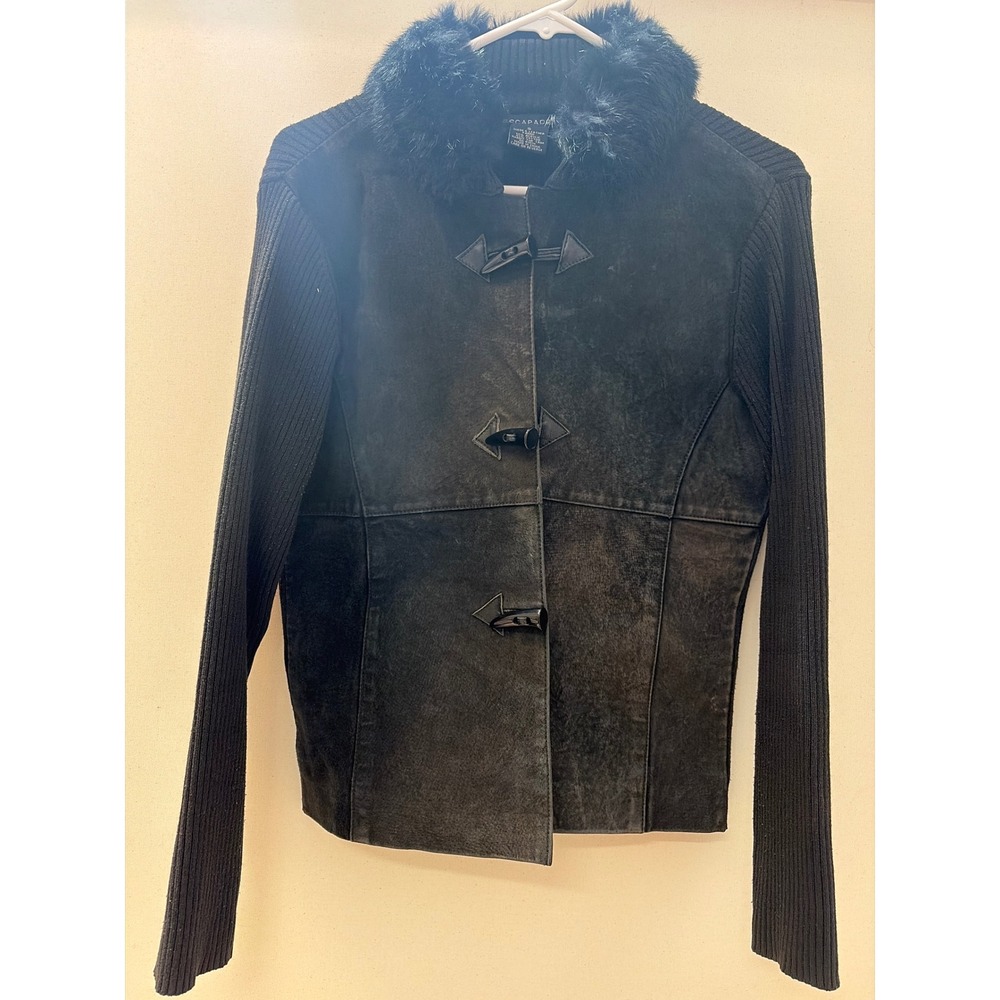 Escapade Black Suede Leather Rabbit Fur Collar Toggle‎ Jacket Ribbed Knit Small